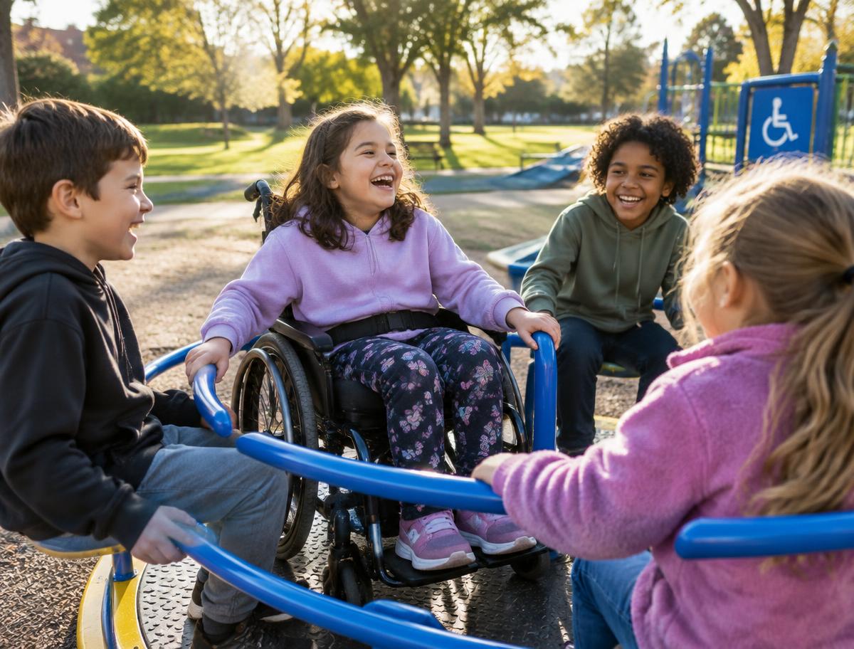 Children laughing together on an inclusive roundabout